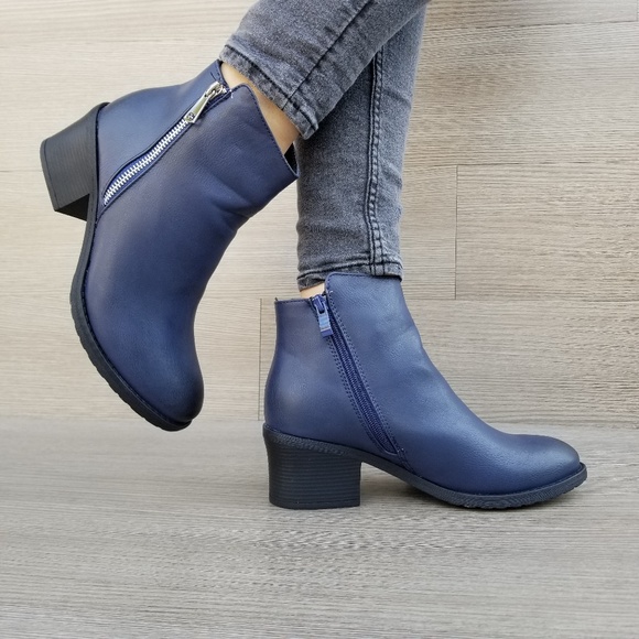 Shoes - Navy Faux Leather Ankle Boots W/ Silver Zipper